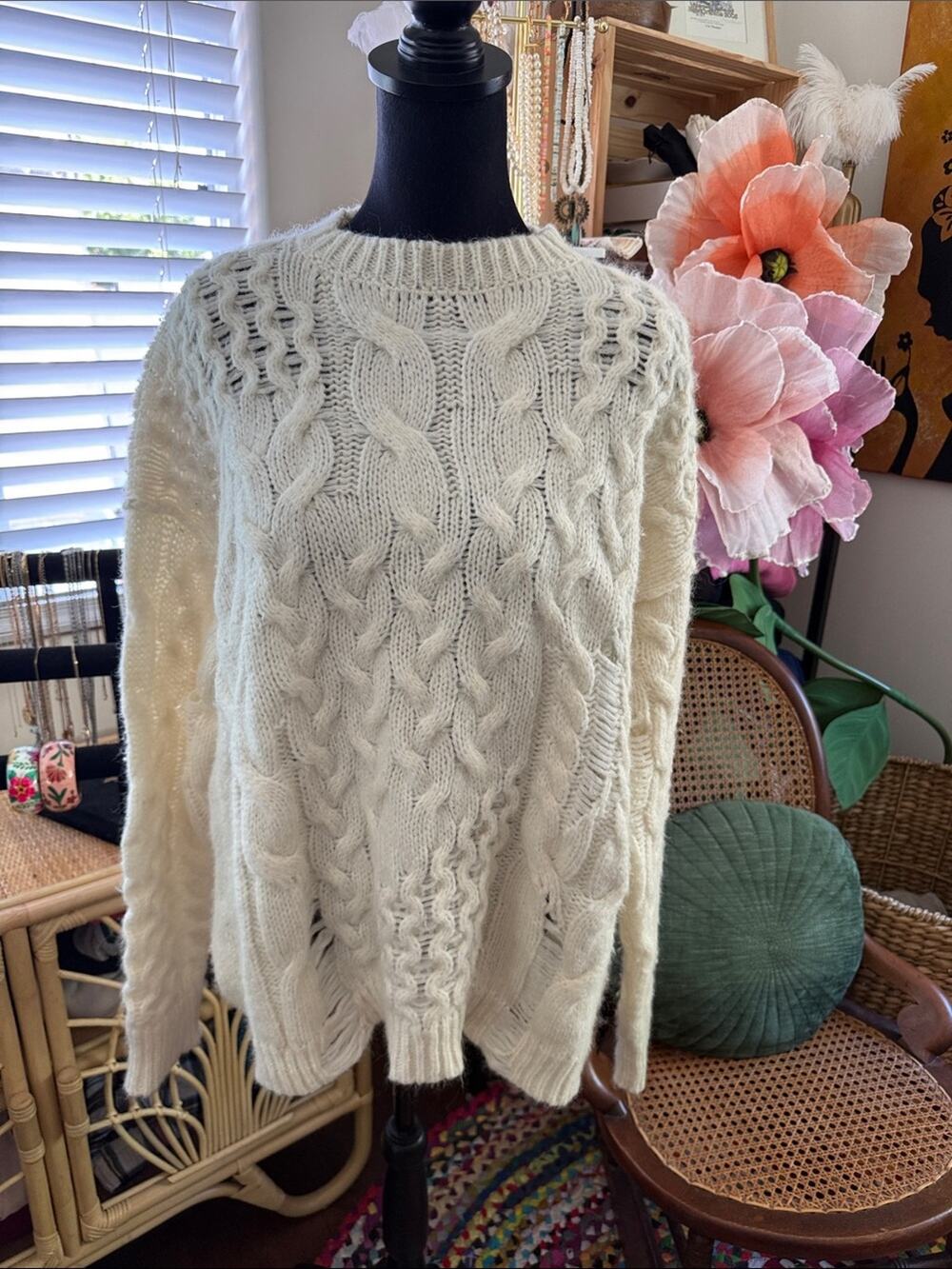 Free People Chunky Distressed Cable Knit Preppy Boho Hippie Chic Montauk Sweater